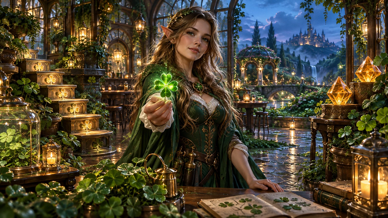 Original editorial artwork of an elven botanist presenting a luminous four-leaf clover inside an emerald glasshouse