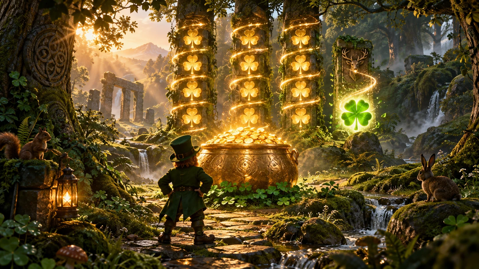 Original editorial artwork of a leprechaun facing a central pot of gold and four layers of glowing clover columns