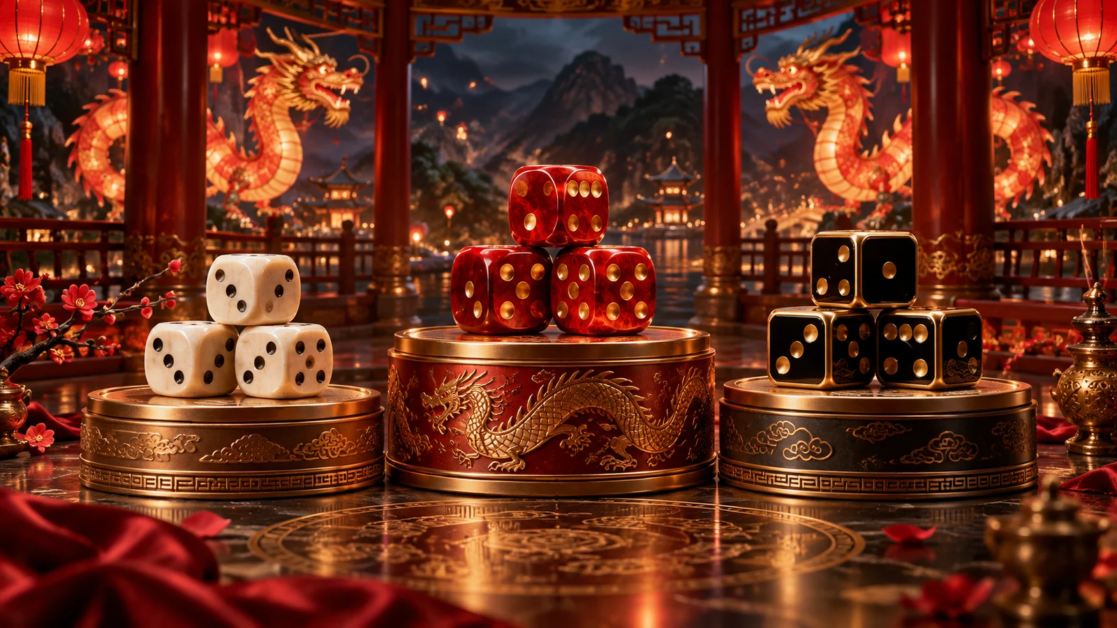Original editorial artwork of three generations of dice on red-and-gold festival pedestals