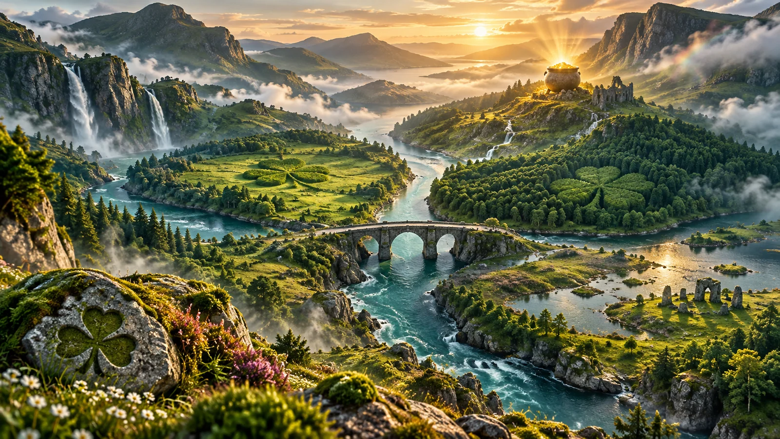 Original editorial artwork of four emerald fantasy lands linked by rivers and a stone bridge