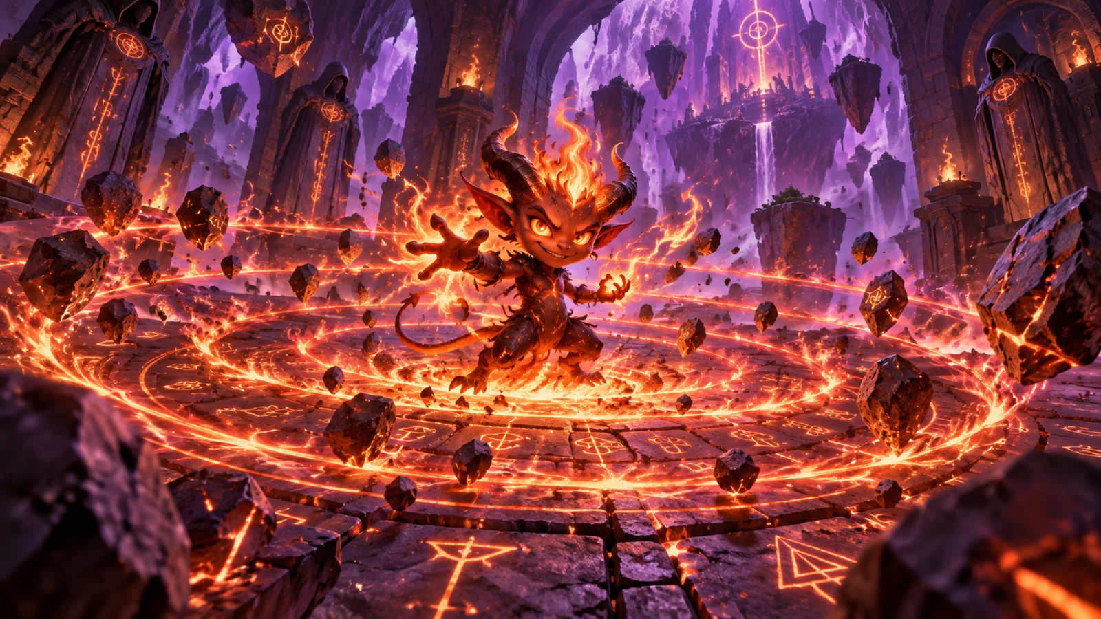 Original editorial artwork of a fiery imp summoning expanding magical rings in a violet rune chamber