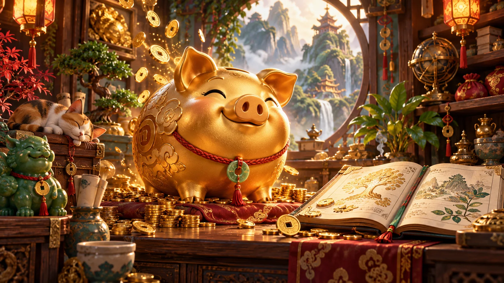 Original editorial artwork of a smiling golden piggy bank in an enchanted prosperity workshop