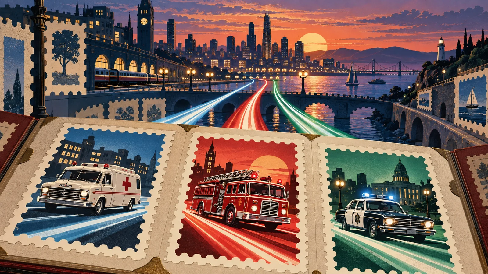 Original retro city illustration with ambulance fire engine and police-car stamp motifs