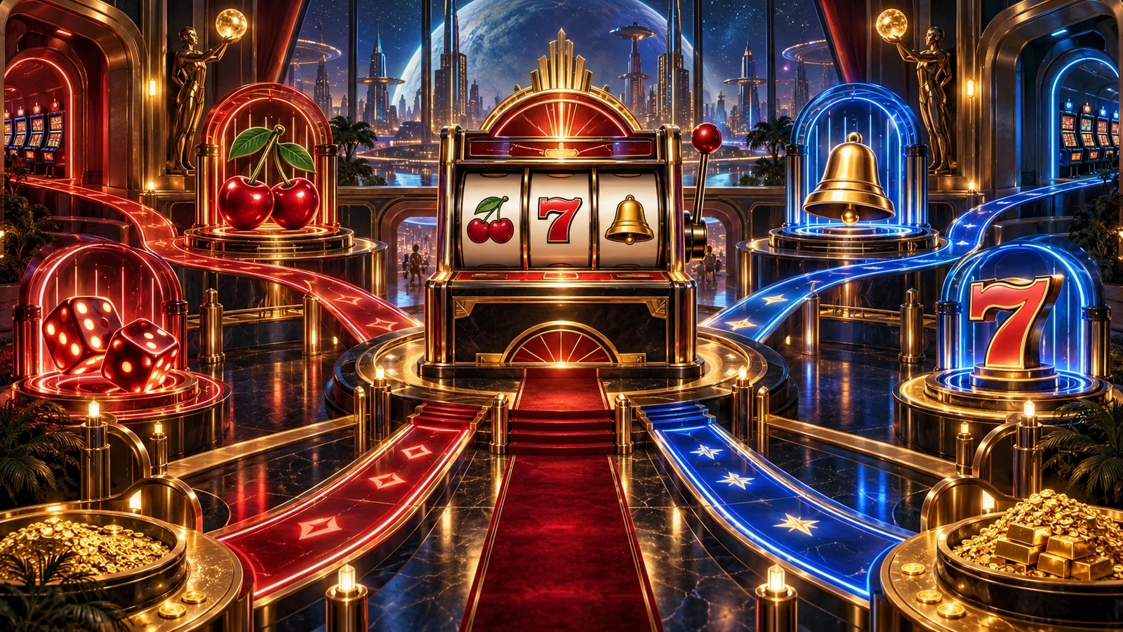 Original artwork of a central three-reel machine with neon paths leading to dice, cherries, bells and sevens