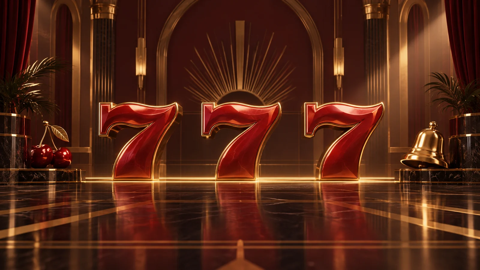 Original editorial artwork of three polished red sevens aligned on a glowing gold line in an art-deco hall