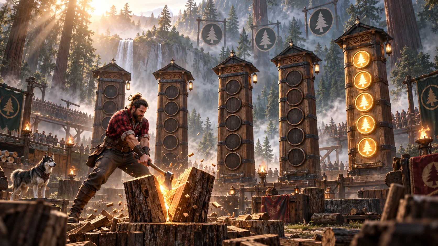 Original editorial artwork of a lumberjack before five timber towers with a luminous fifth column