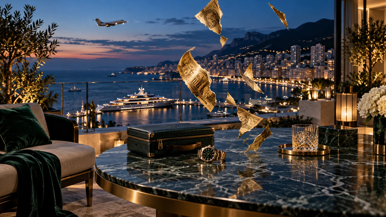 Original editorial artwork of a coastal penthouse, yacht, distant jet and split golden paper fragments