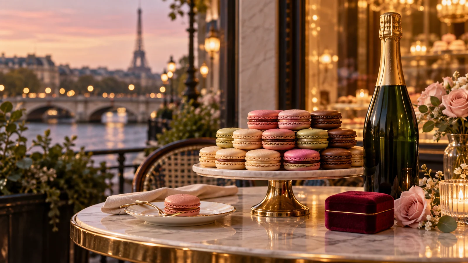 Original editorial photograph of macarons, an unlabelled bottle and closed ring box in Paris