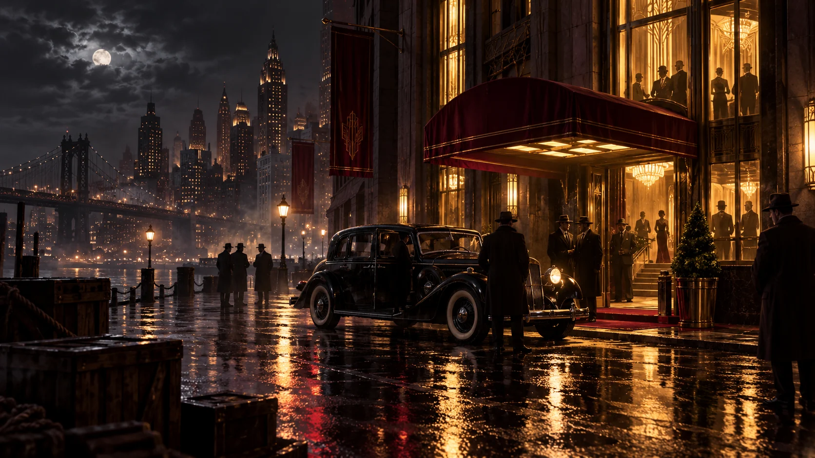 Original editorial artwork of a rain-lit art-deco city, vintage car and noir crews outside a hotel