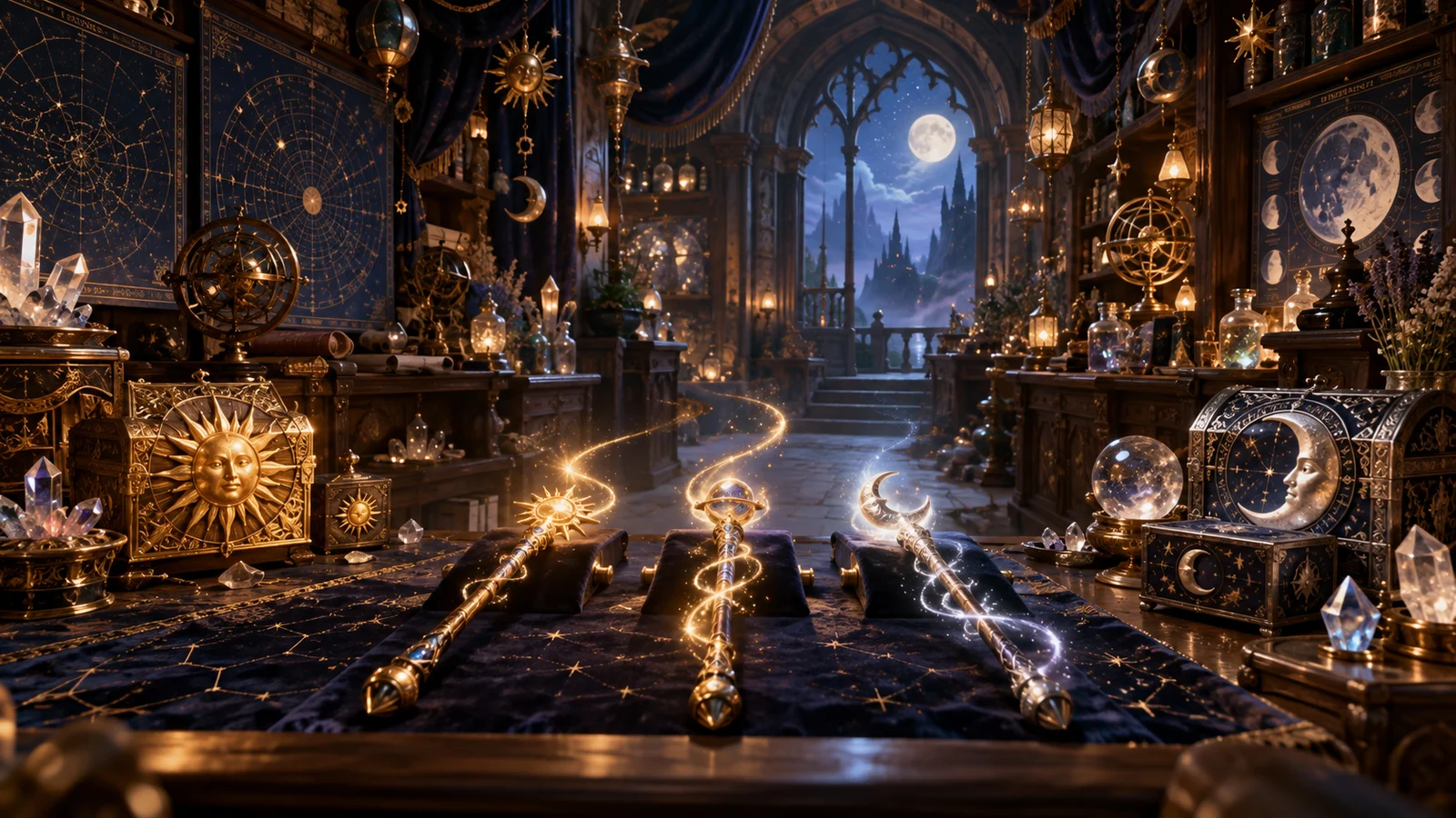 Original editorial artwork of celestial boxes and three glowing wands inside an enchanted shop