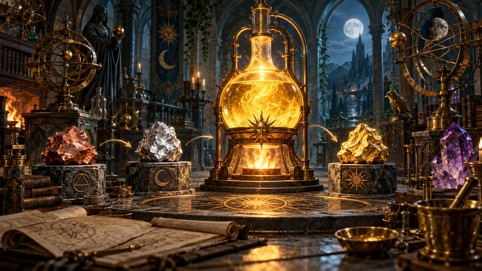 Original editorial artwork of an alchemy laboratory with copper silver and gold stages around a glowing elixir