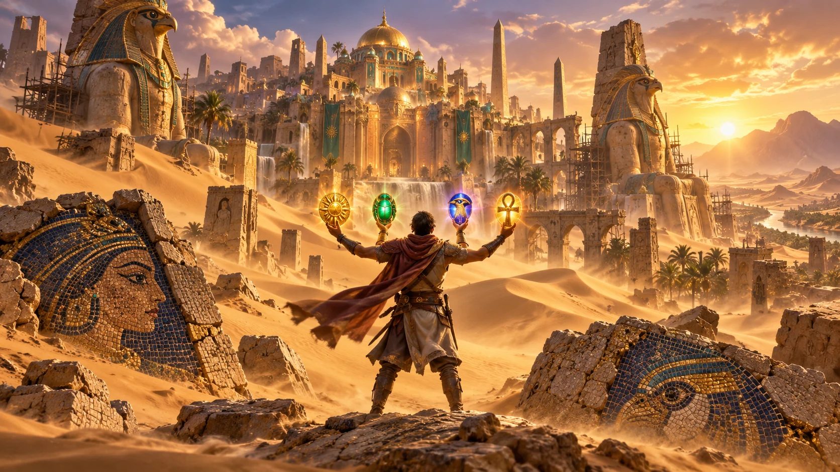 Original editorial artwork of a desert warrior holding four glowing relics before a buried golden empire