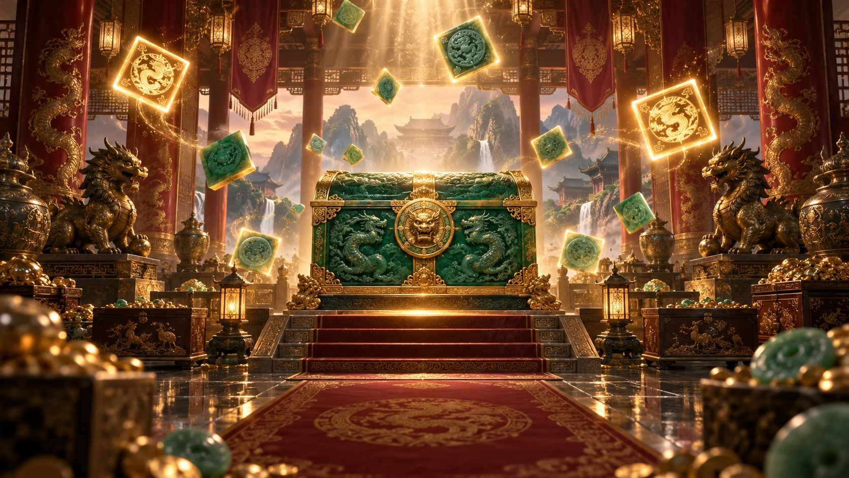 Original editorial artwork of a jade treasure chest surrounded by glowing square tokens in an imperial hall
