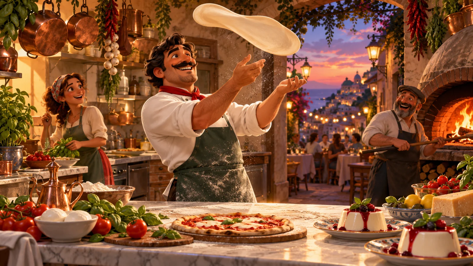 Original editorial artwork of a cheerful chef tossing pizza dough in a busy Mediterranean restaurant kitchen