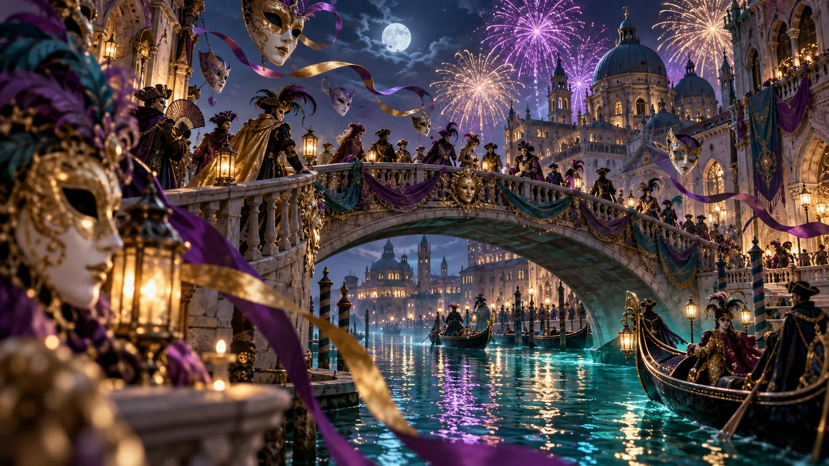 Original editorial artwork of a masked midnight carnival crossing an illuminated canal bridge