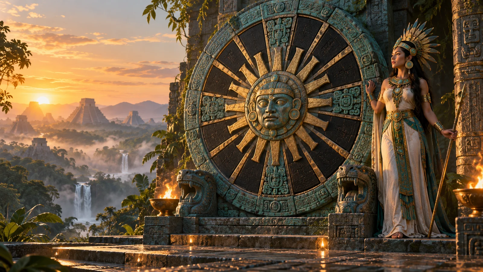 Original editorial artwork of a guardian beside a carved sun wheel in a jungle temple at dawn