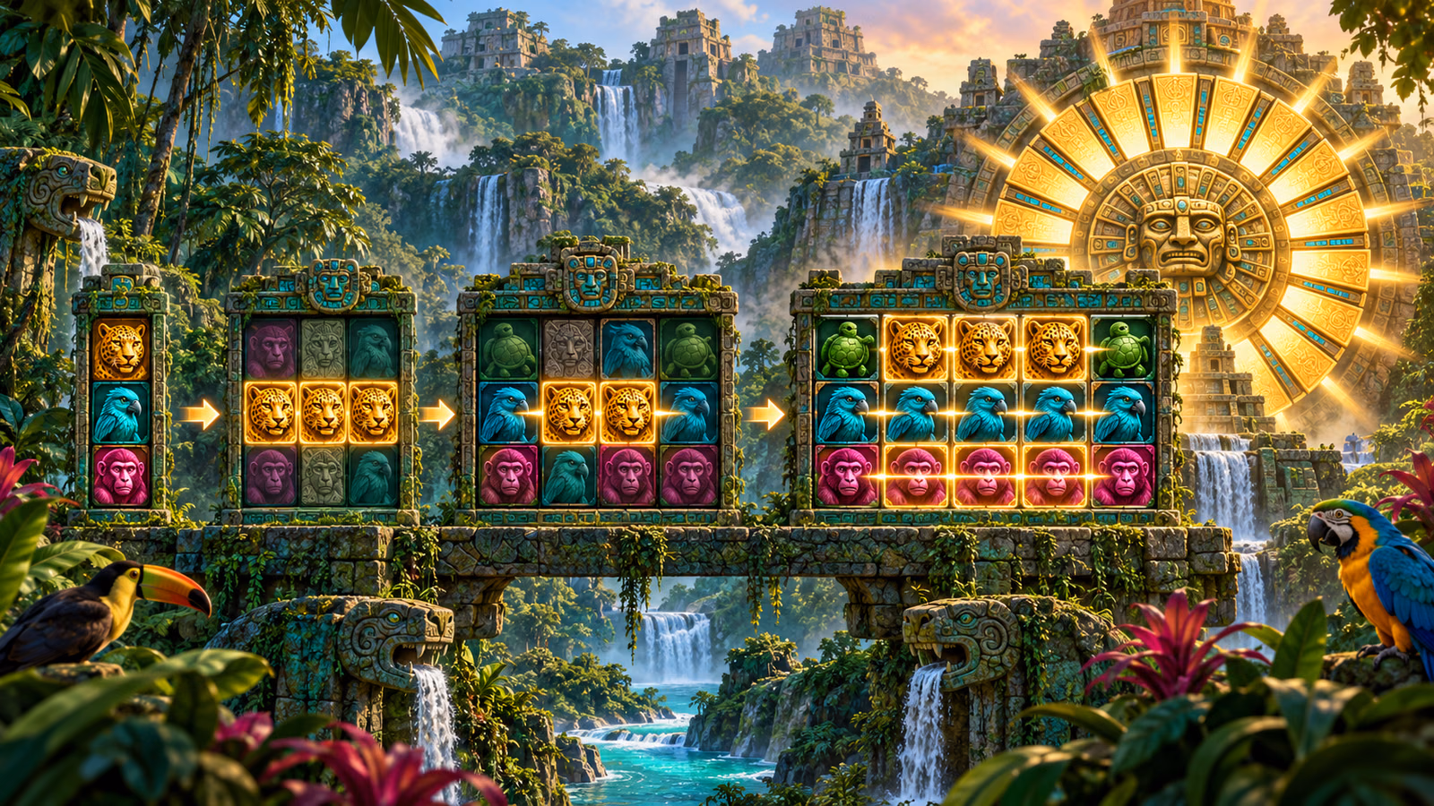 Original jungle temple showing a narrow board expanding into a full three-by-five grid with locked animal-symbol connections and a sun dial
