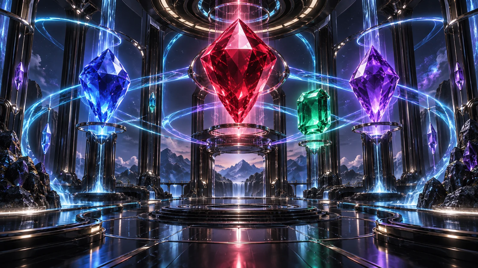 Original editorial artwork of giant colourful gems suspended inside a futuristic black-chrome vault