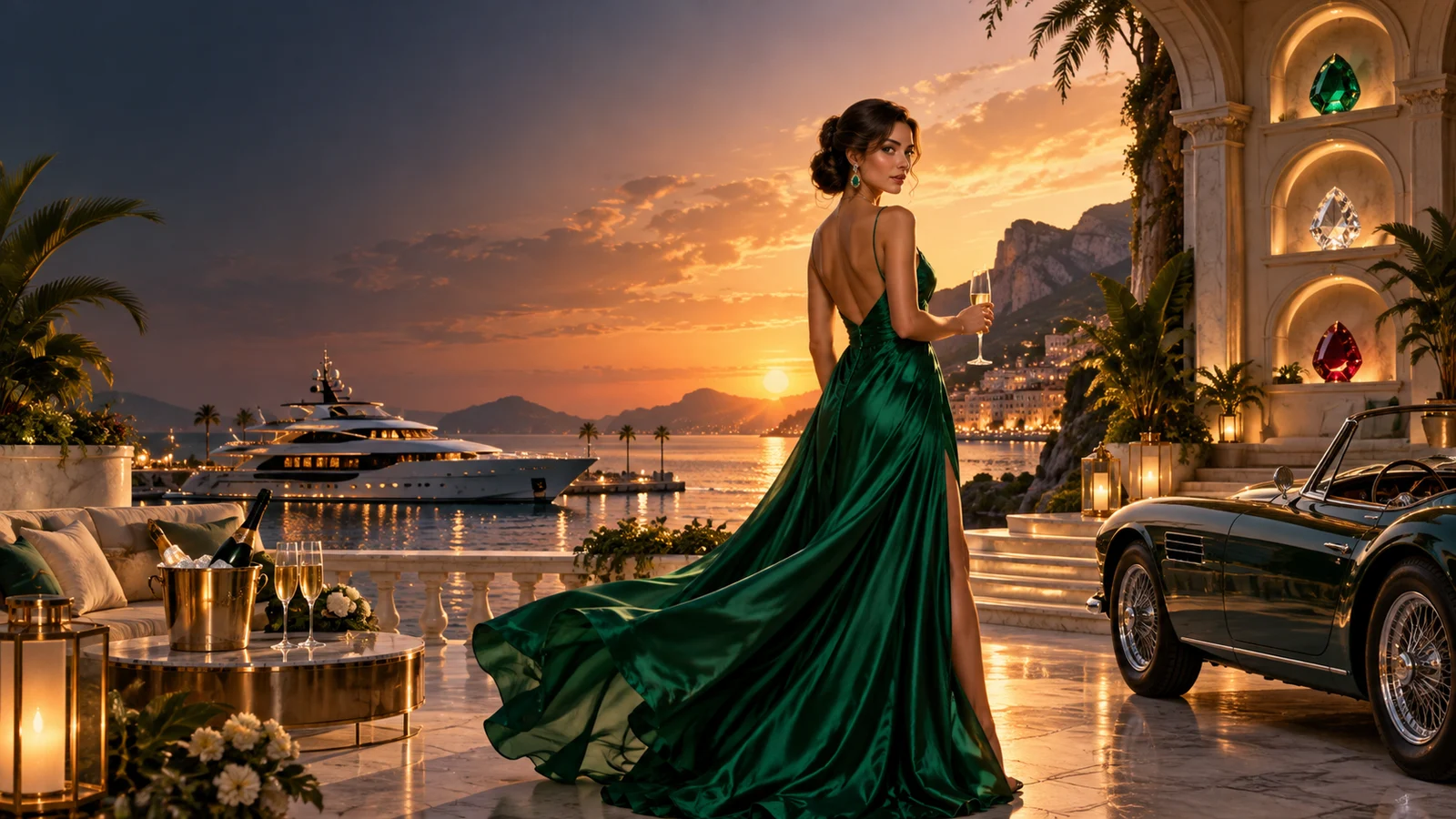 Original editorial artwork of an elegant woman overlooking a tropical marina with a yacht and sports car