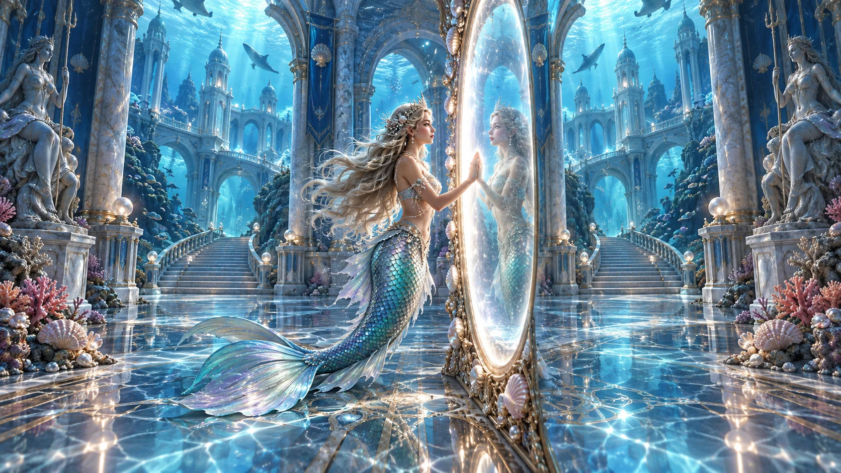 Original editorial artwork of a mermaid princess touching a luminous mirror in a symmetrical underwater palace