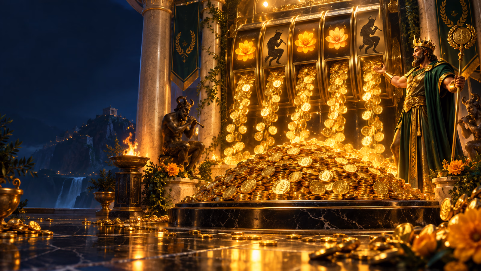 Original ancient treasury with four coin reels, a golden collector on the fifth reel and marigold Wild flowers