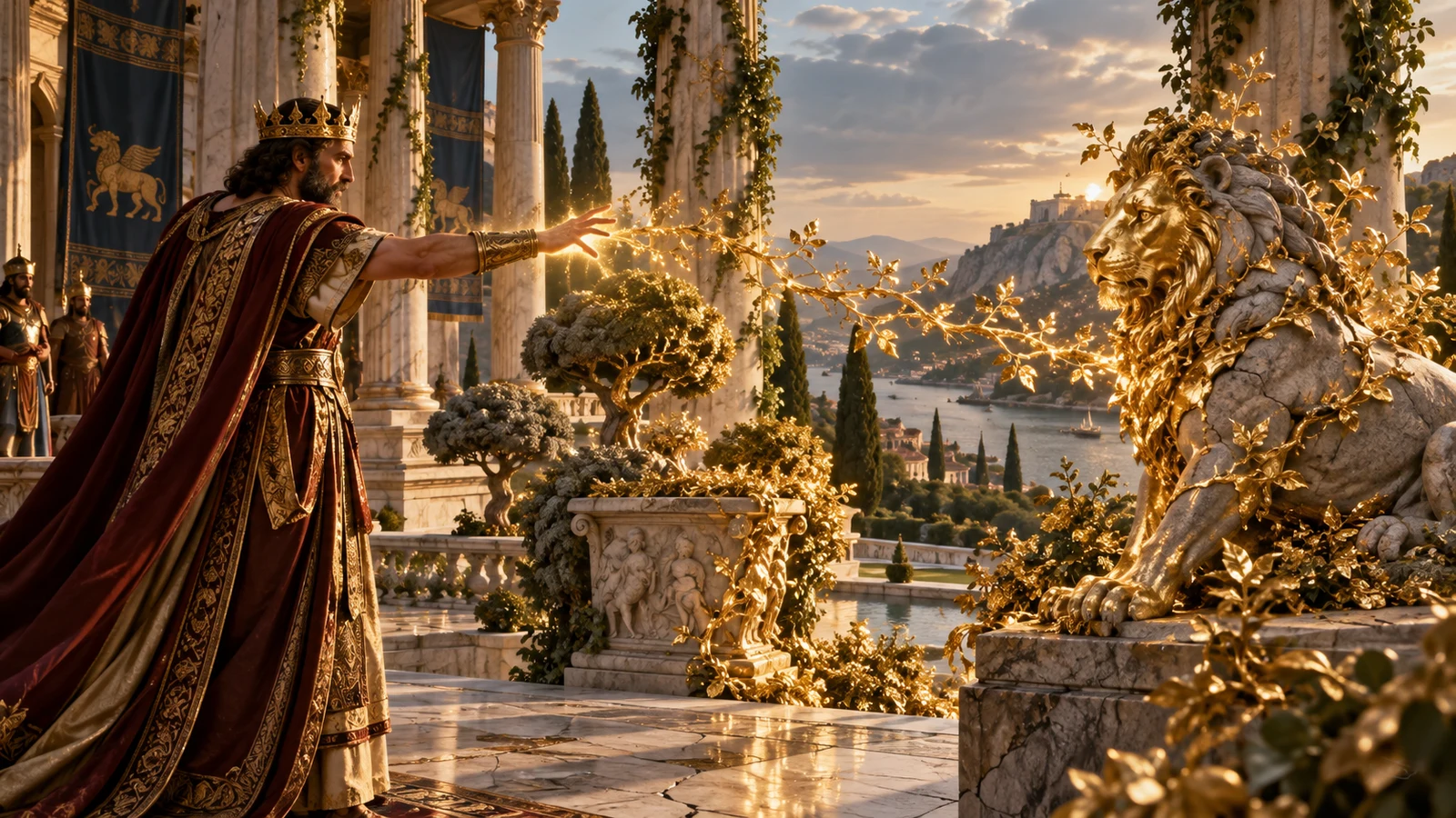 Original editorial artwork of King Midas transforming a palace garden and stone lion into branching gold