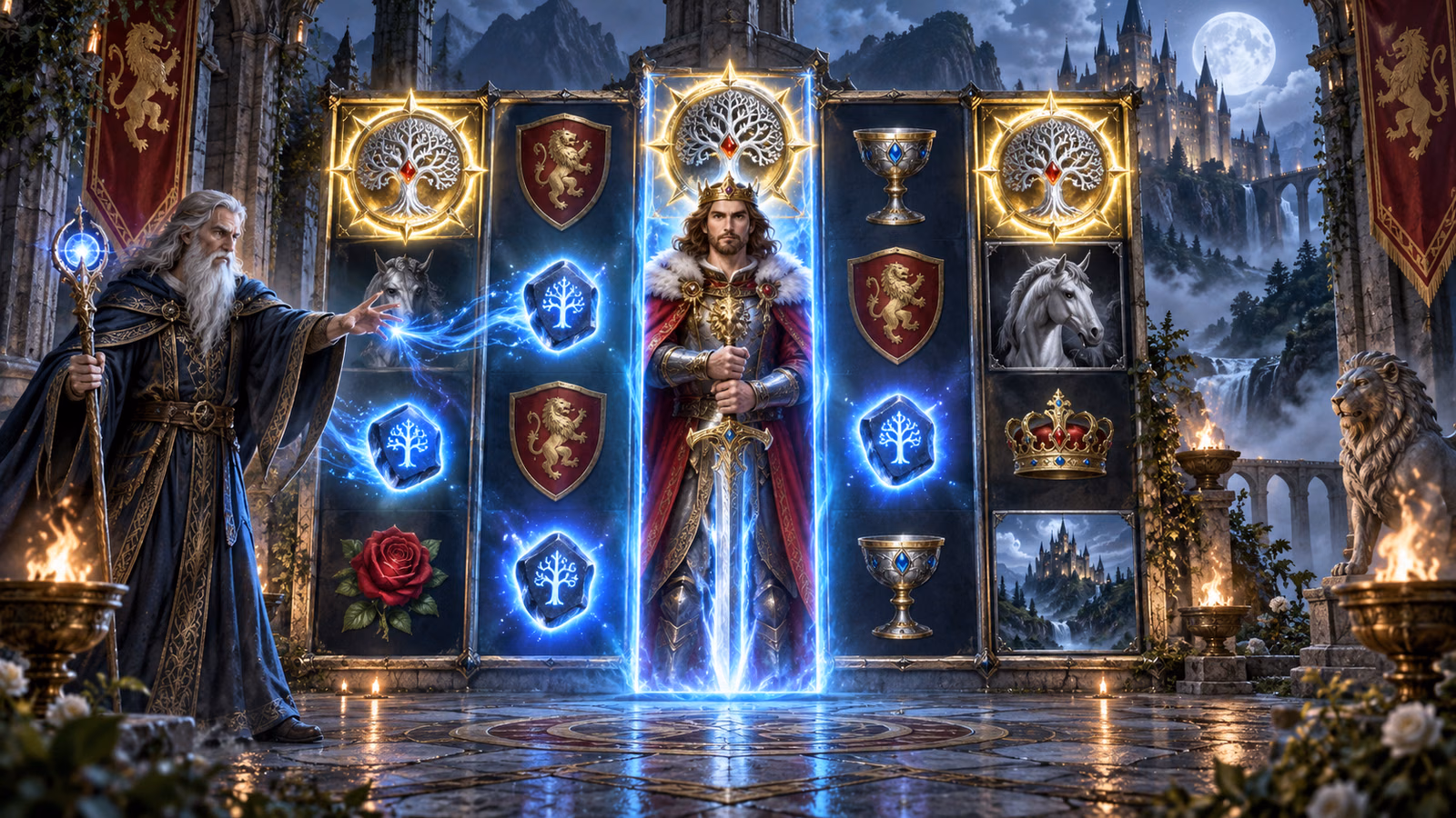 Original moonlit stone court with a full-height centre king Wild, mage Wild and blue random runes across a five-column board