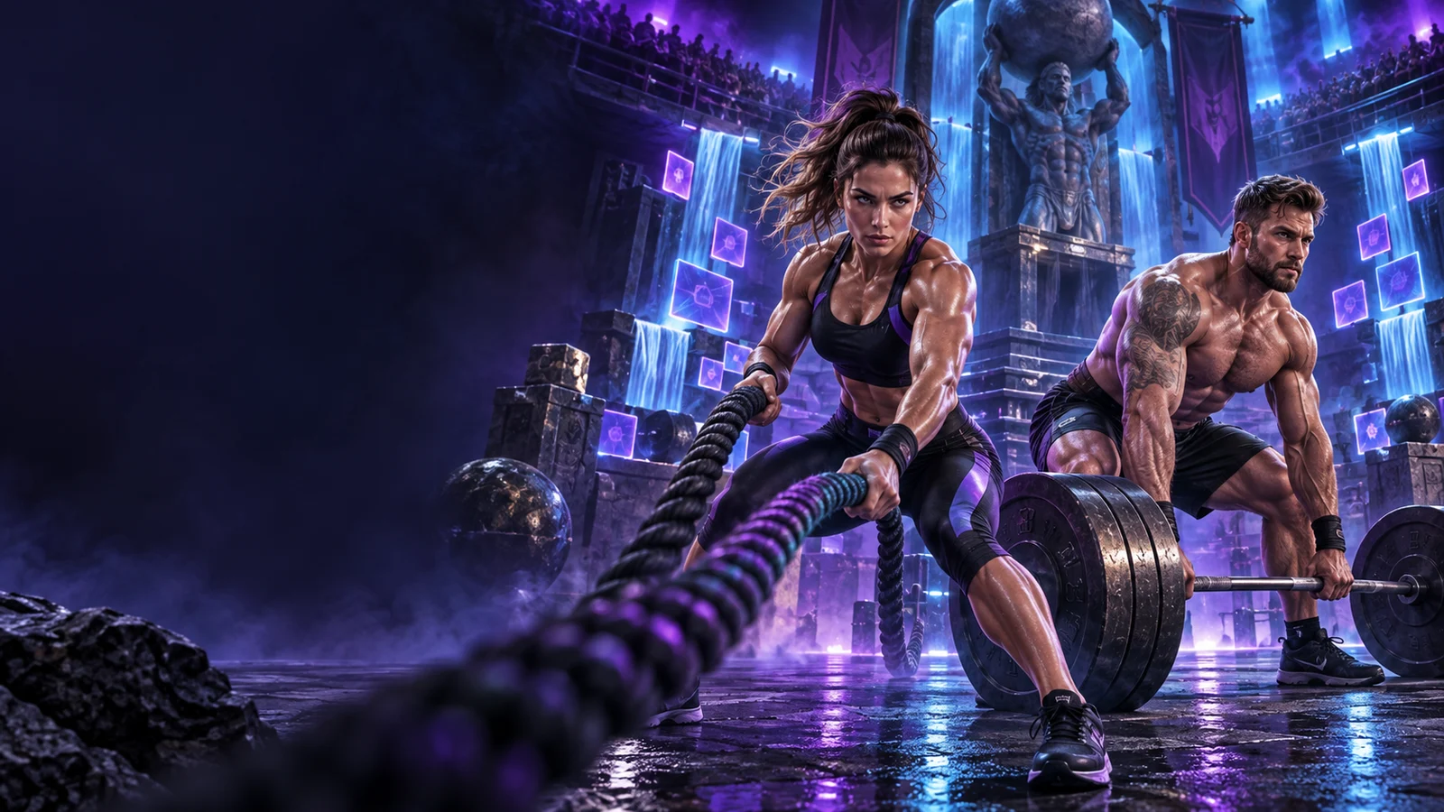 Original editorial artwork of two athletes competing with ropes and barbells in a neon arena