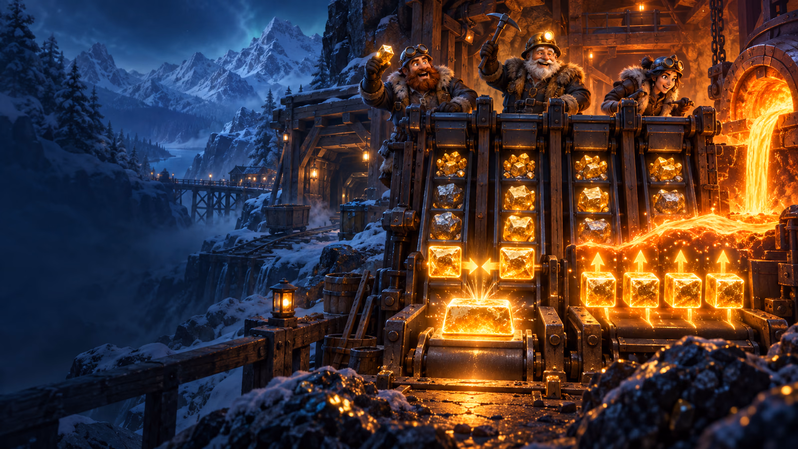 Original snowy gold mine with four-column ore machine, merging collector cubes and molten smeltdown wave