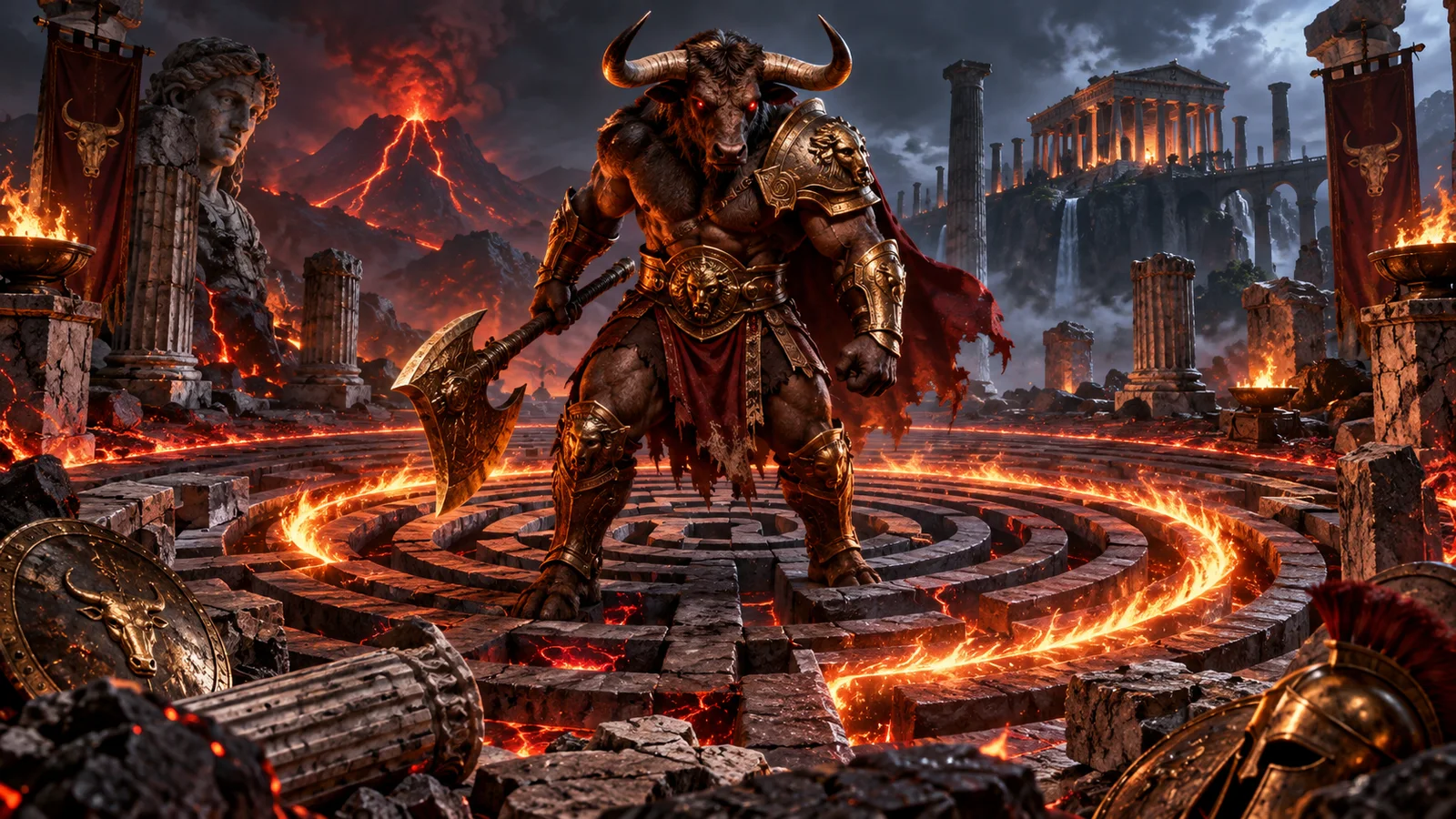 Original cinematic minotaur standing inside a fire-lit Greek labyrinth