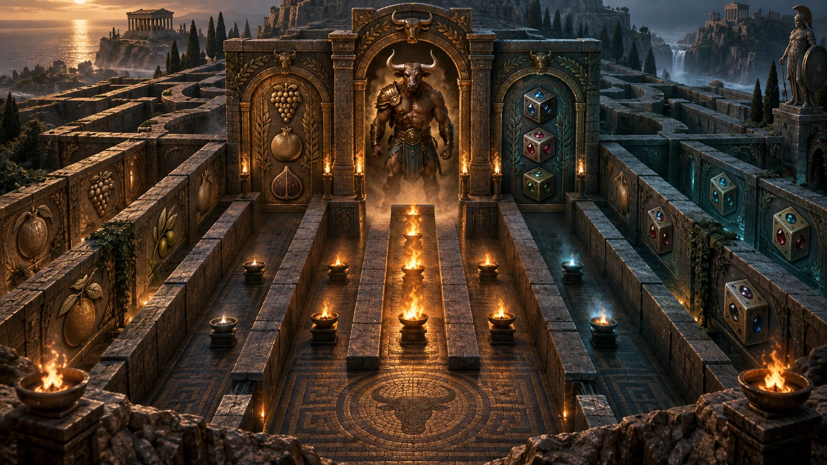 Original editorial artwork of a Minotaur in a five-path Greek labyrinth with fruit and dice reliefs