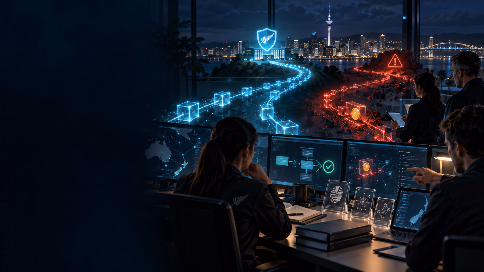 Original New Zealand cyber incident room showing one token packet stranded on a mismatched blockchain route