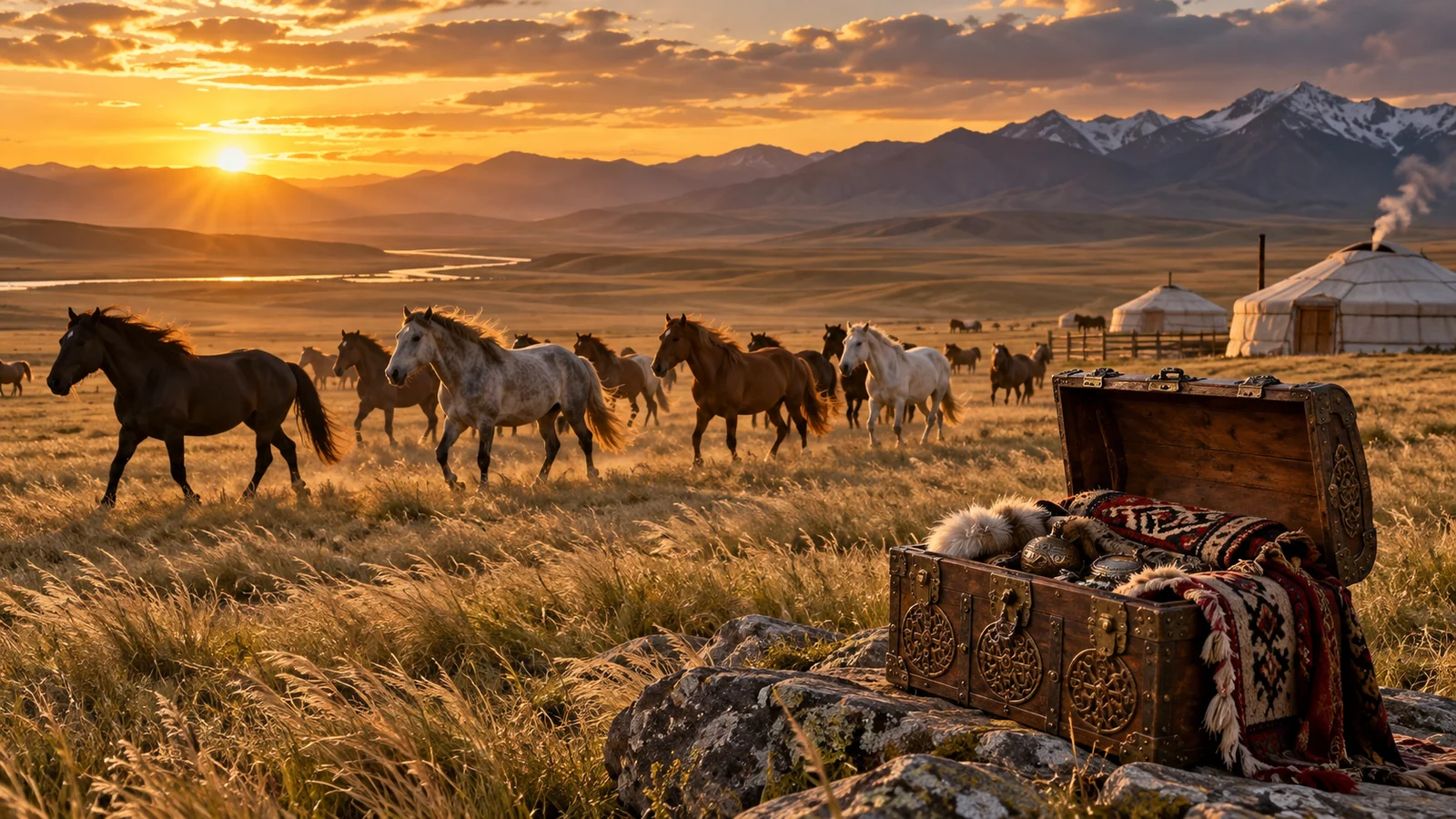 Original editorial artwork of a Mongolian steppe camp, horses and an open treasure chest beneath a dramatic sky