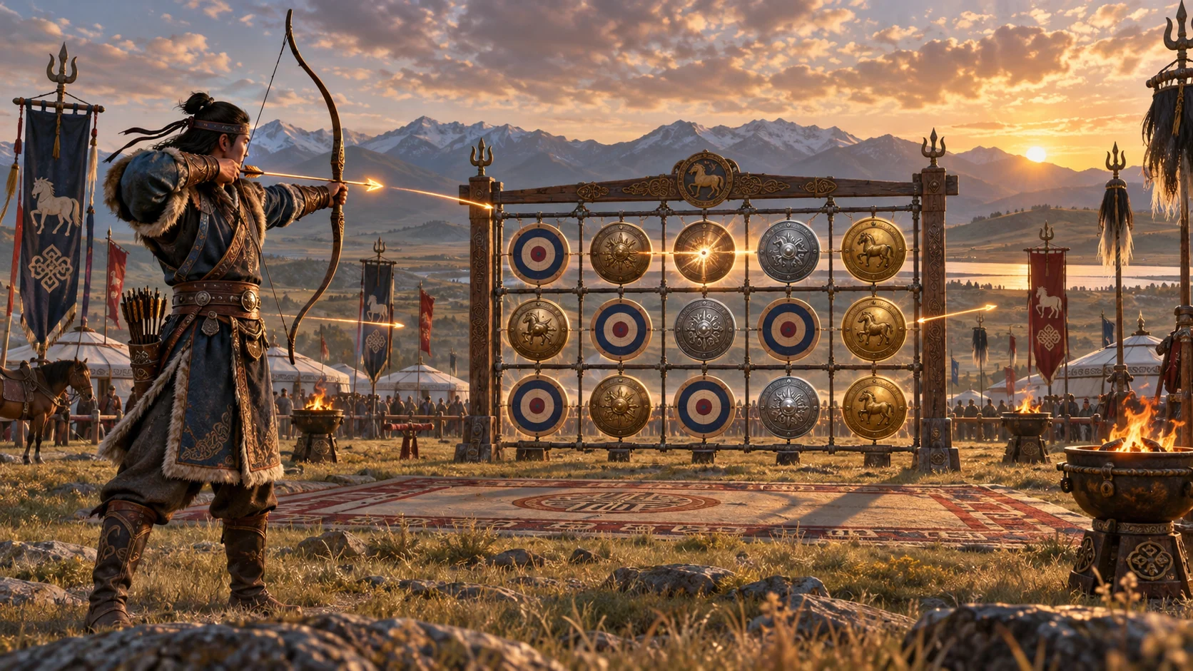 Original editorial artwork of an archer aiming at a five-by-three target and shield collector on the steppe