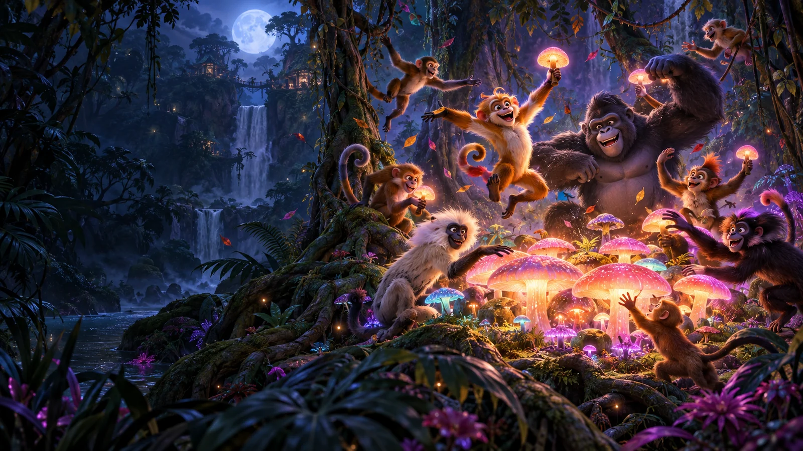Original editorial artwork of playful monkeys gathering around luminous mushrooms in a moonlit jungle