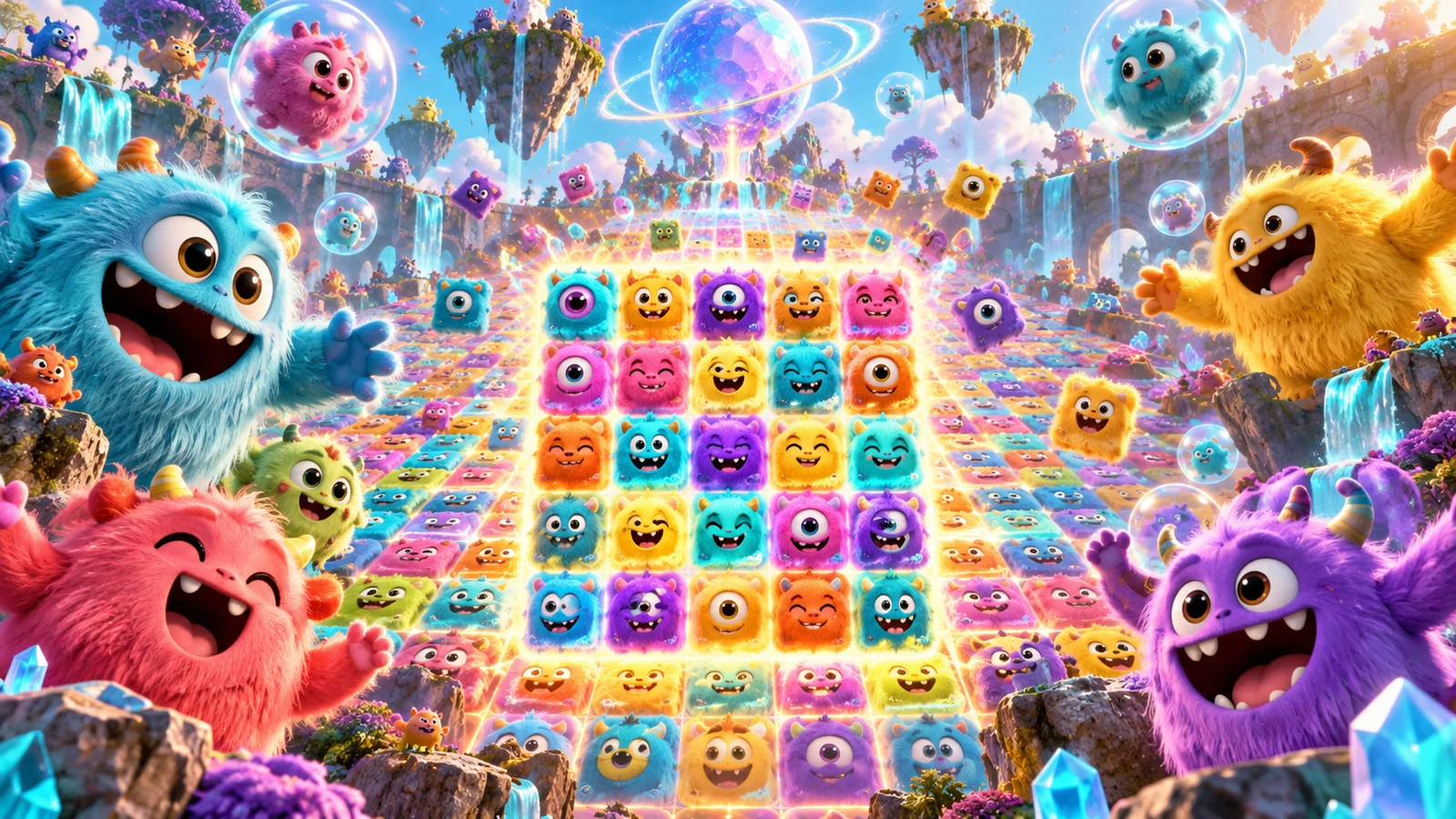 Original editorial artwork of colourful friendly monsters around a glowing expanding tile grid