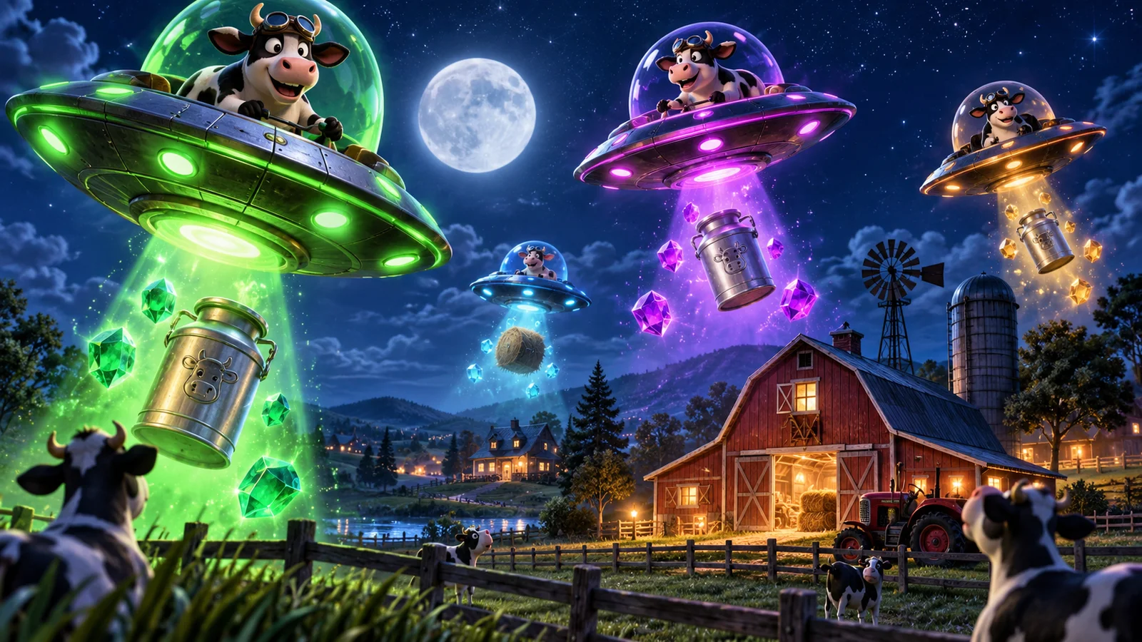 Original animated-style cows piloting colourful UFOs over a moonlit farm with glowing milk cans