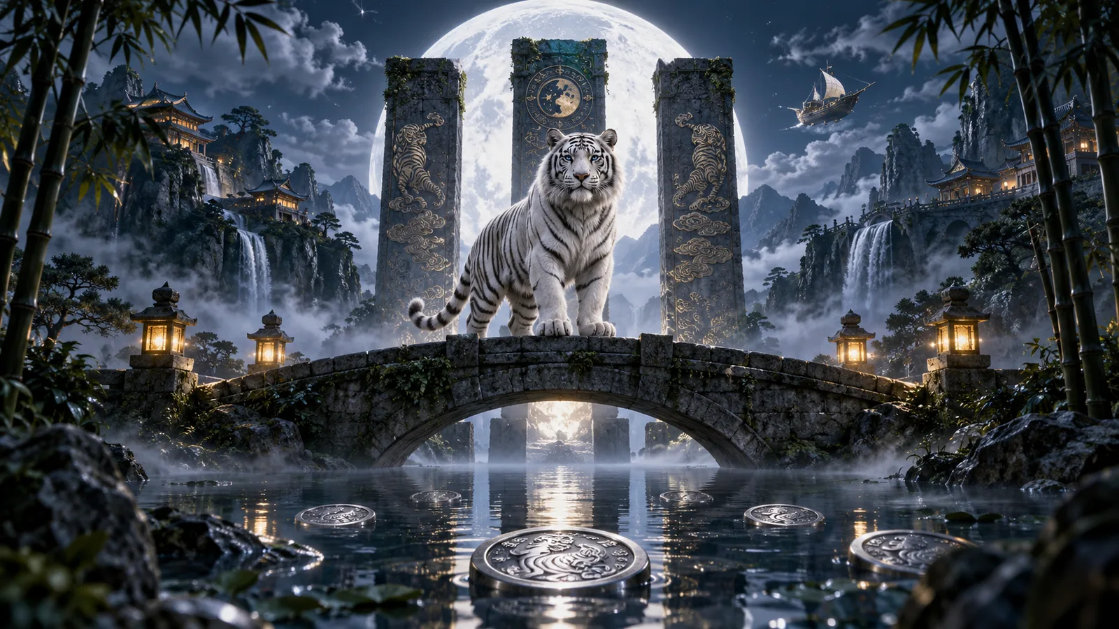 Original editorial artwork of a white tiger beneath a full moon in a misty mountain valley