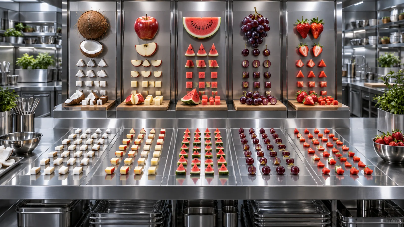 Original editorial artwork of a modern test kitchen with five illuminated fruit lanes and colourful produce