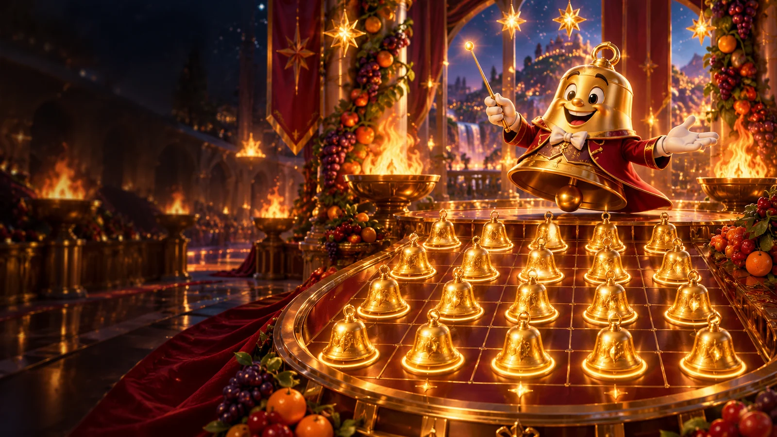 Original artwork of a golden bell conductor on a fruit-and-fire theatre stage with twenty illuminated bells