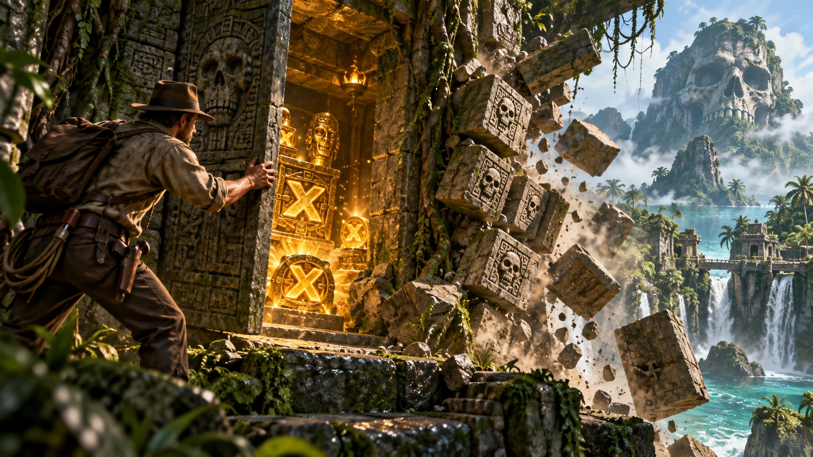 Original editorial artwork of a treasure explorer entering a collapsing jungle temple on a tropical skull island