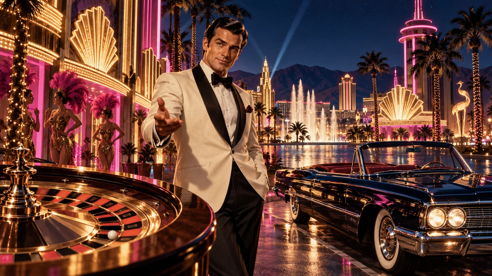 Original editorial artwork of a vintage showman, neon boulevard, roulette wheel and convertible at night