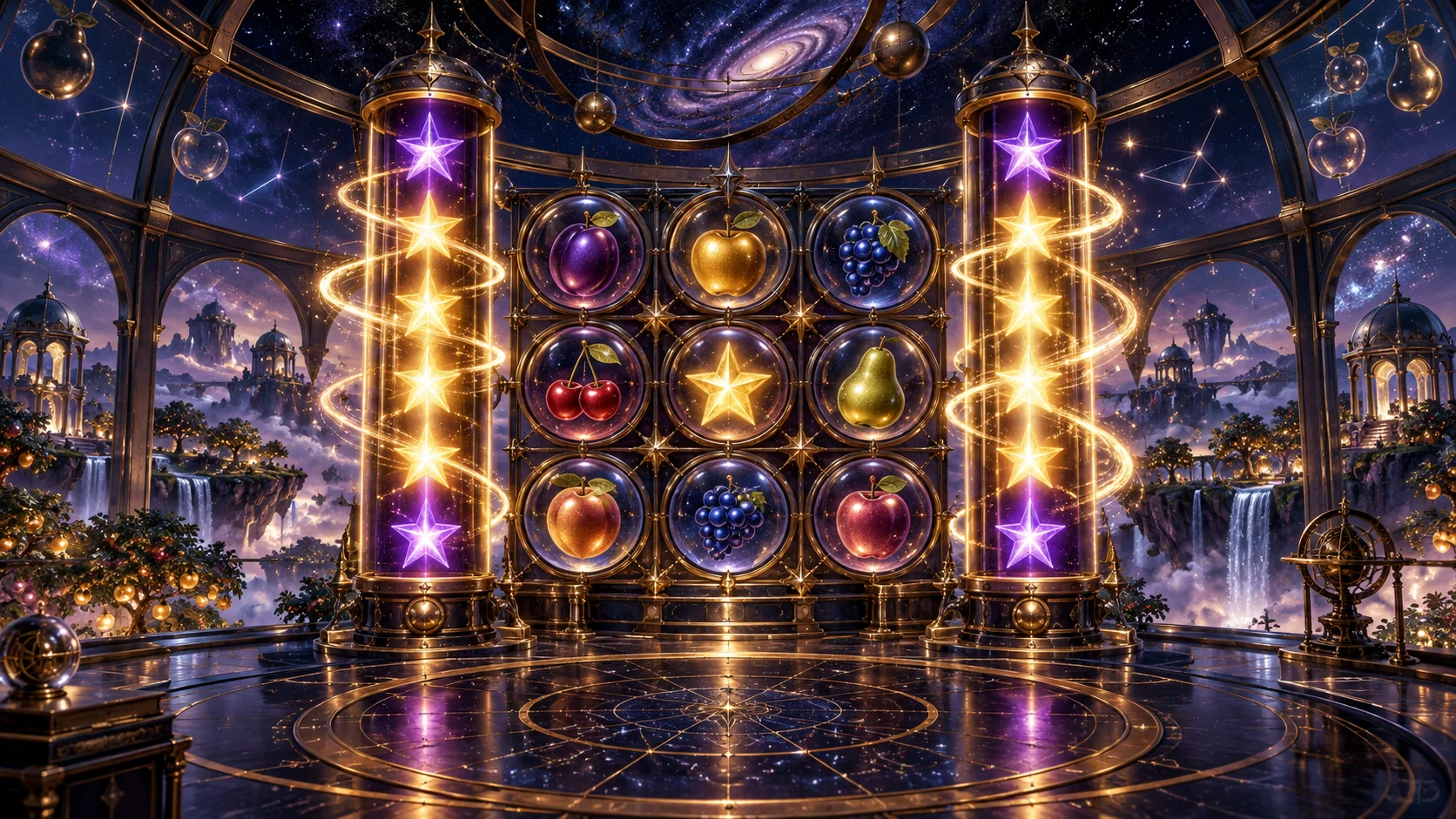 Original editorial artwork of a celestial fruit grid between two columns of purple and golden stars