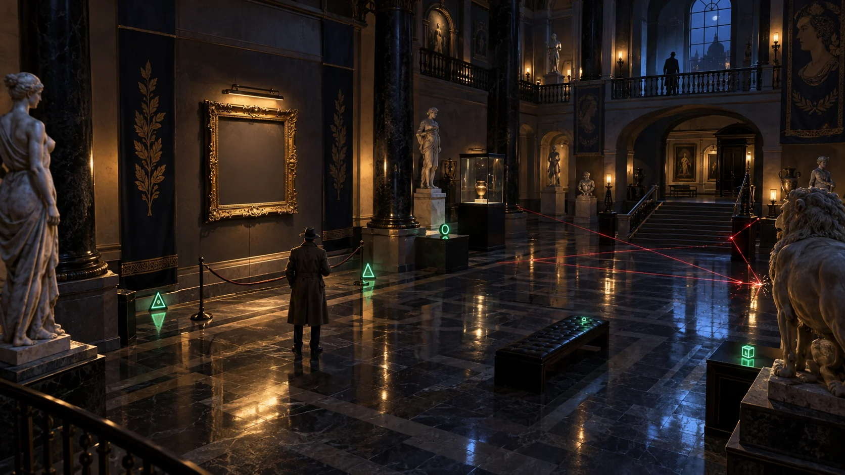 Original editorial artwork of an adult detective investigating an empty gilded frame and geometric clues inside a monumental museum at night