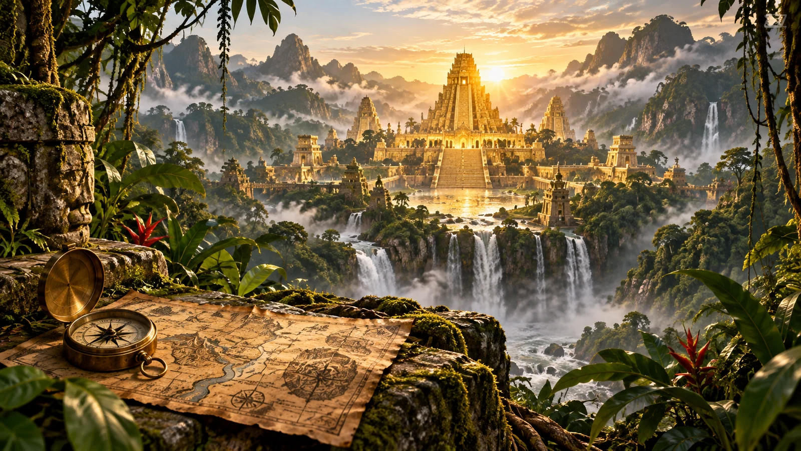 Original editorial artwork of a golden lost city beyond a jungle map and compass