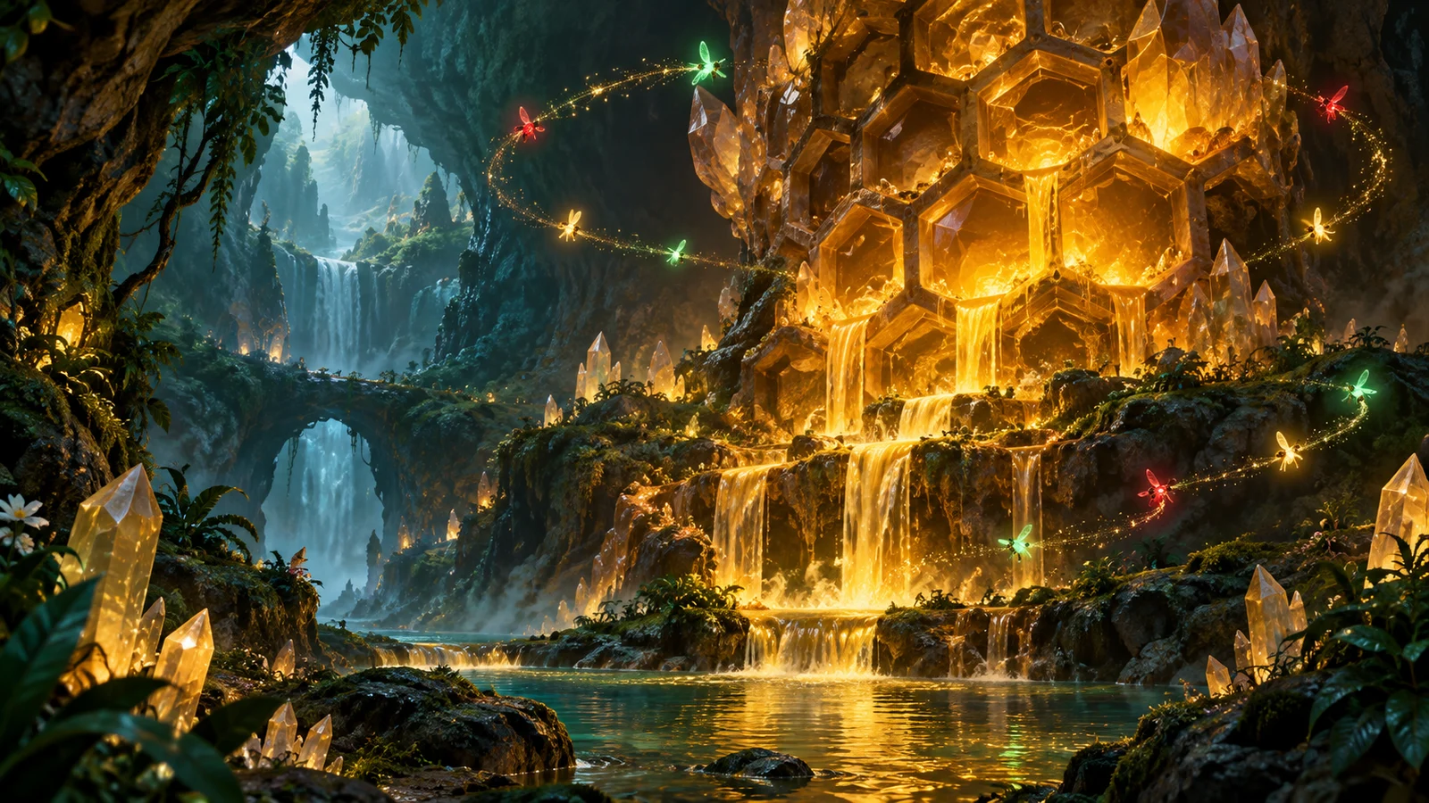 Original fantasy artwork of a crystalline honeycomb hive and coloured fireflies in a forest cavern