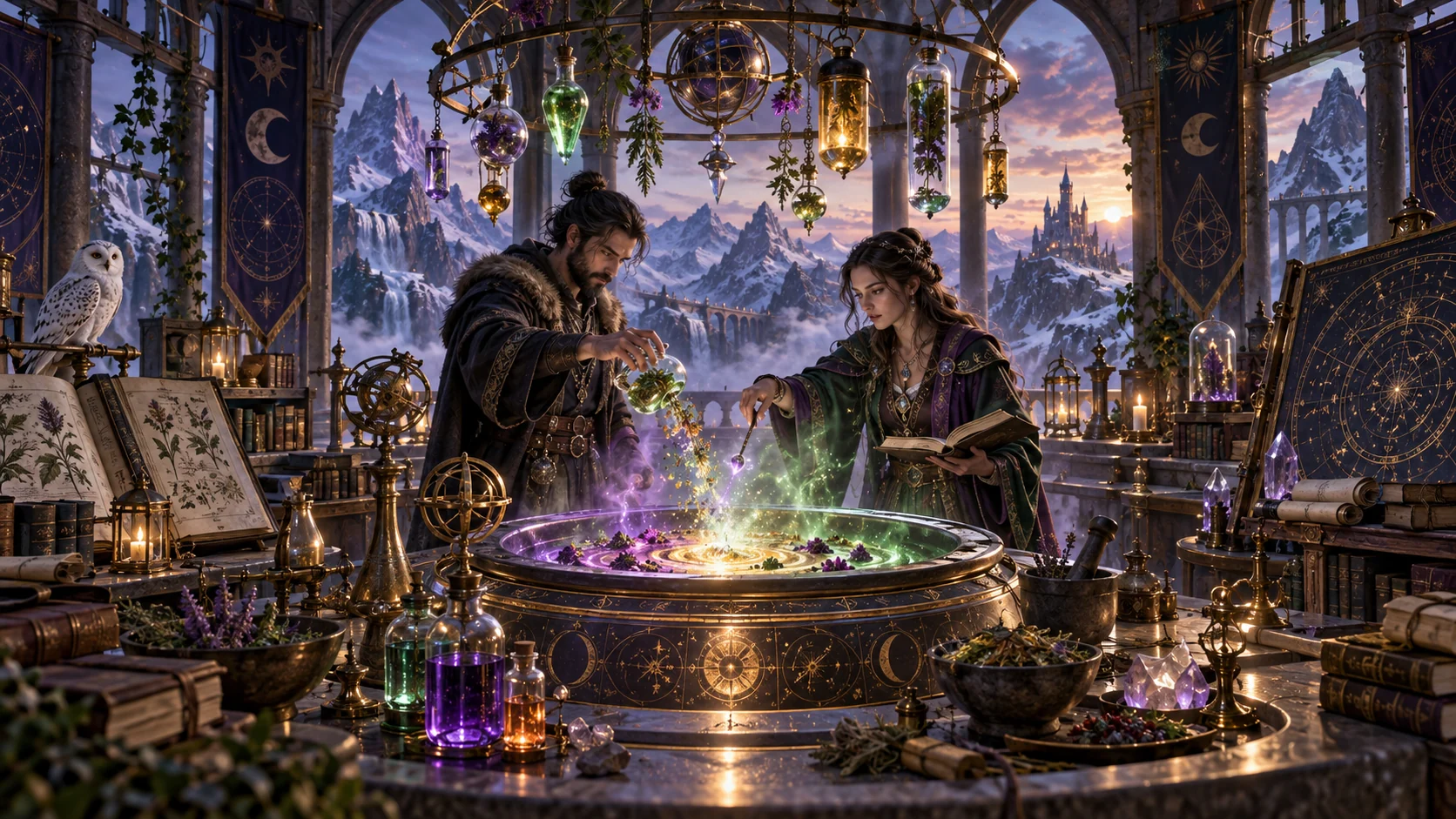 Original editorial artwork of two adult alchemists brewing luminous potions in a mountain observatory