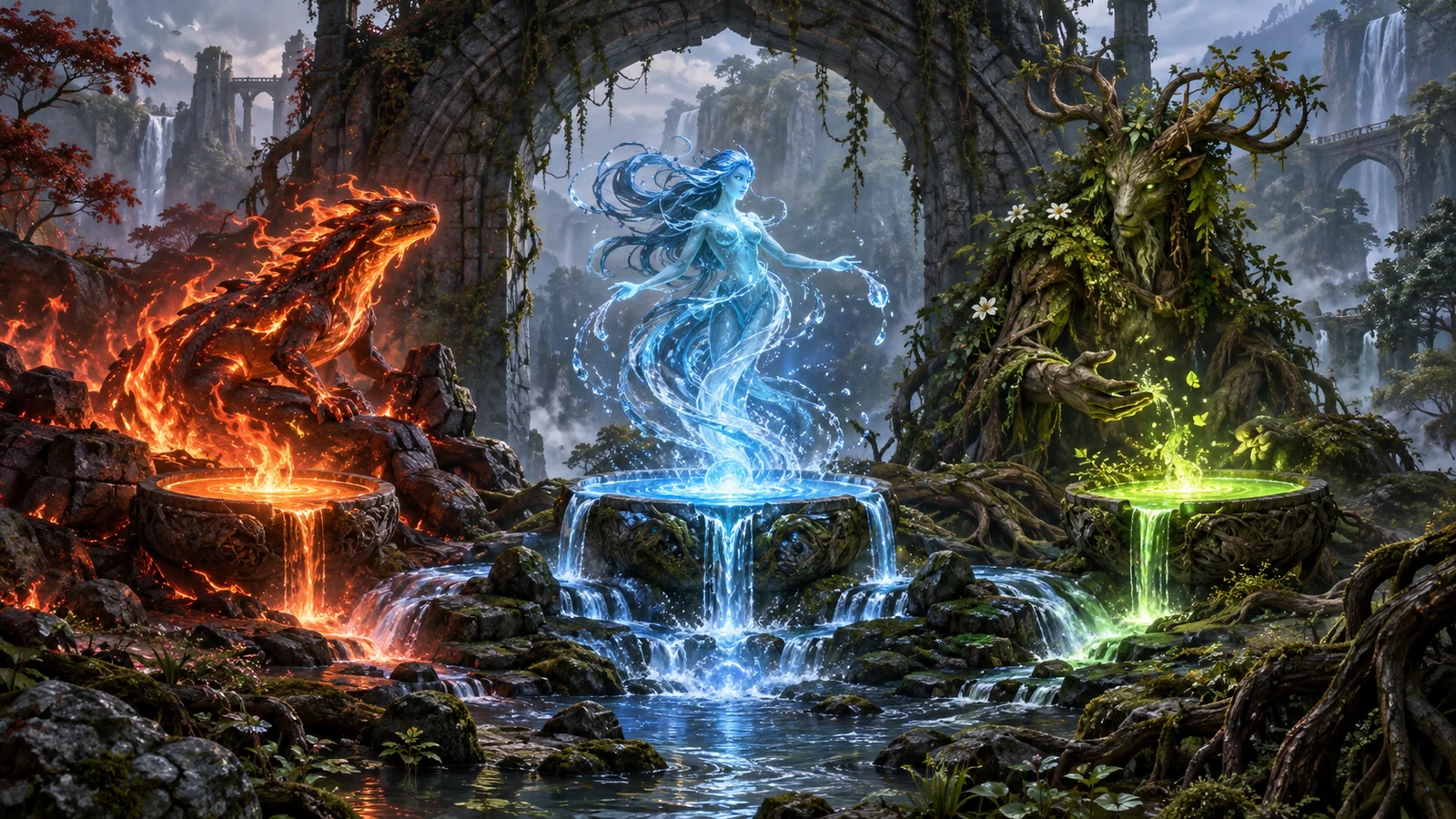 Original editorial artwork of fire, water and forest guardians arranged around three luminous collection basins