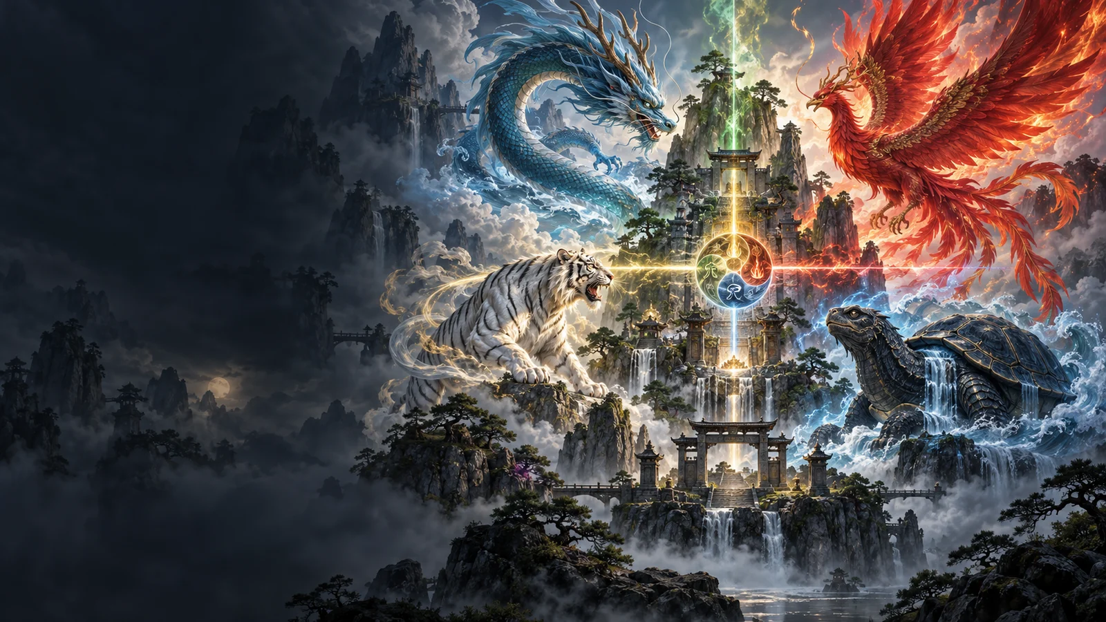 Original editorial artwork of four elemental guardian spirits surrounding a mountain shrine