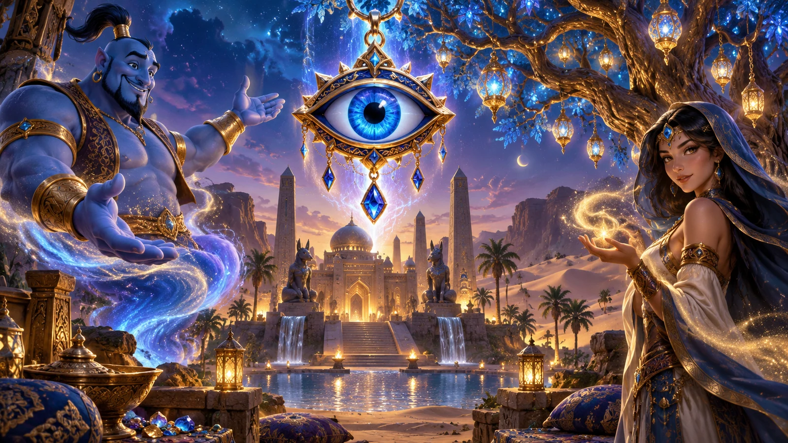 Original fantasy artwork of a blue protective eye, genie, desert mage and illuminated temple
